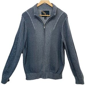 Helix Mens Sweater Cardigan Full Zip Medium Gray Mock Neck 100% Cotton Preppy